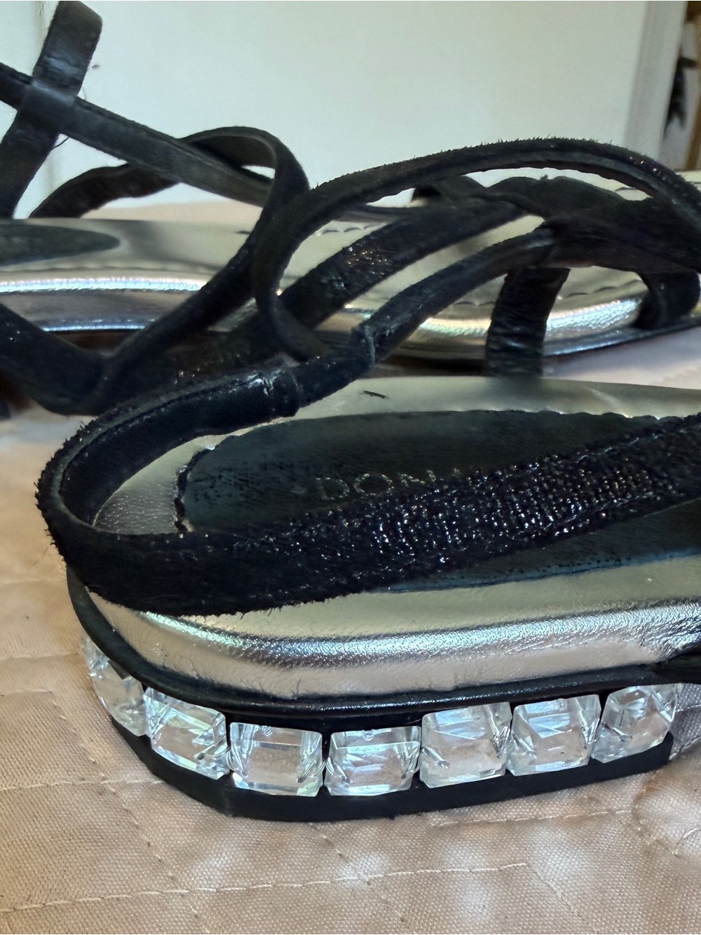 Donald J. Pliner Black Strappy Sandals with Silver Crystal Heel Accent - Picture 7 of 8